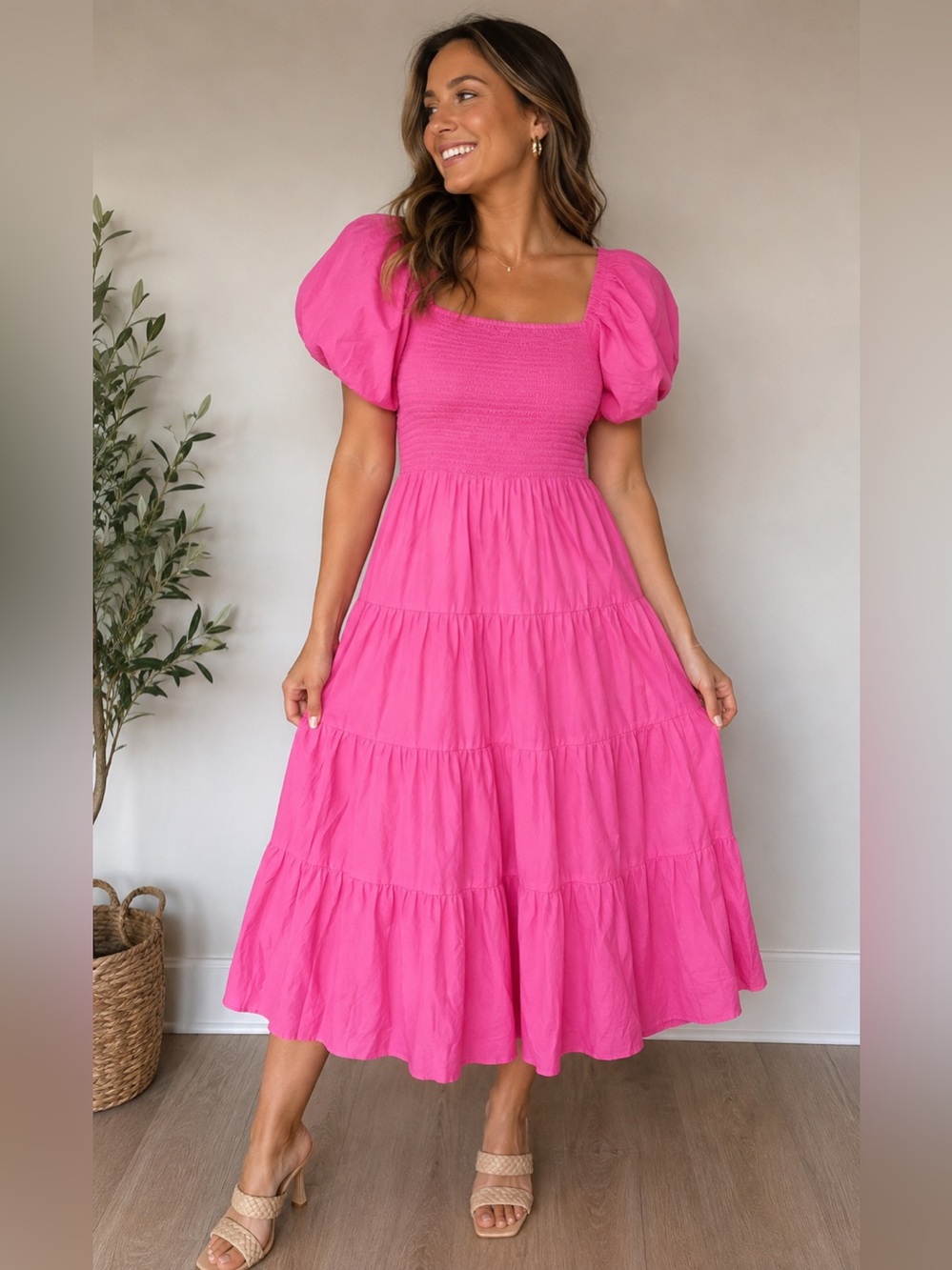 Hot Pink Smocked Square Neck Puff Sleeve Tiered Midi Dress